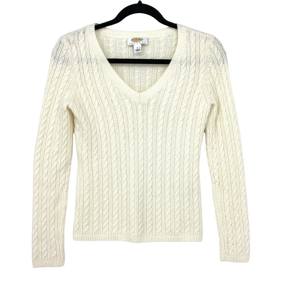 Talbots Cream Cable Knit Sweater Womens V Neck Lambswool Classic Size P US XS